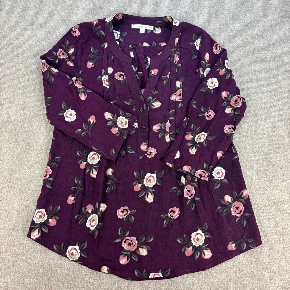 Fun2Fun Womens XS Plum Purple Floral Pintuck Rayon Blouse 3/4 Sleeve FD86649S-S